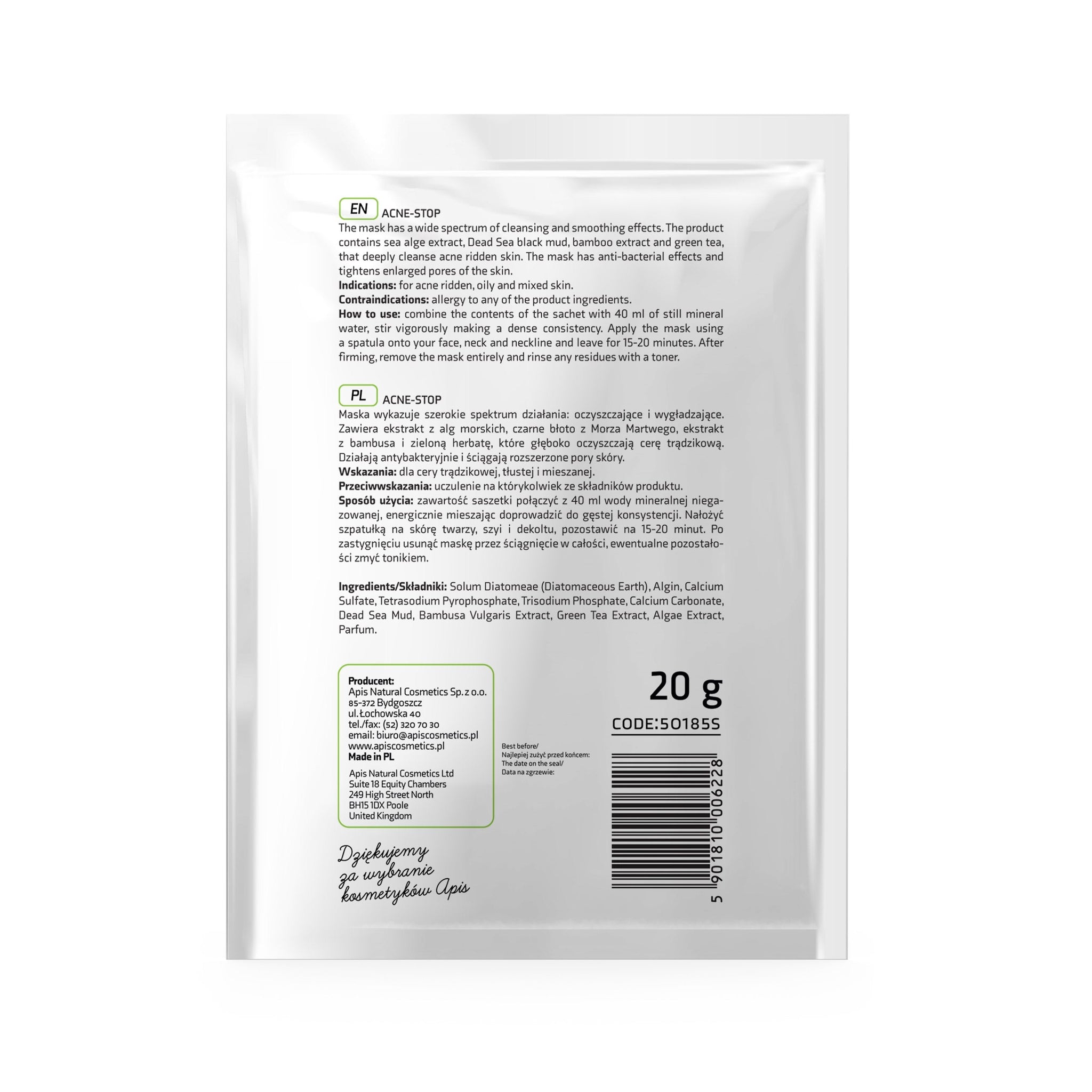 Apis ACNE-STOP Algae Mask for Acne-Prone Skin with Bamboo, Green Tea, and Dead Sea Black Mud | 20g