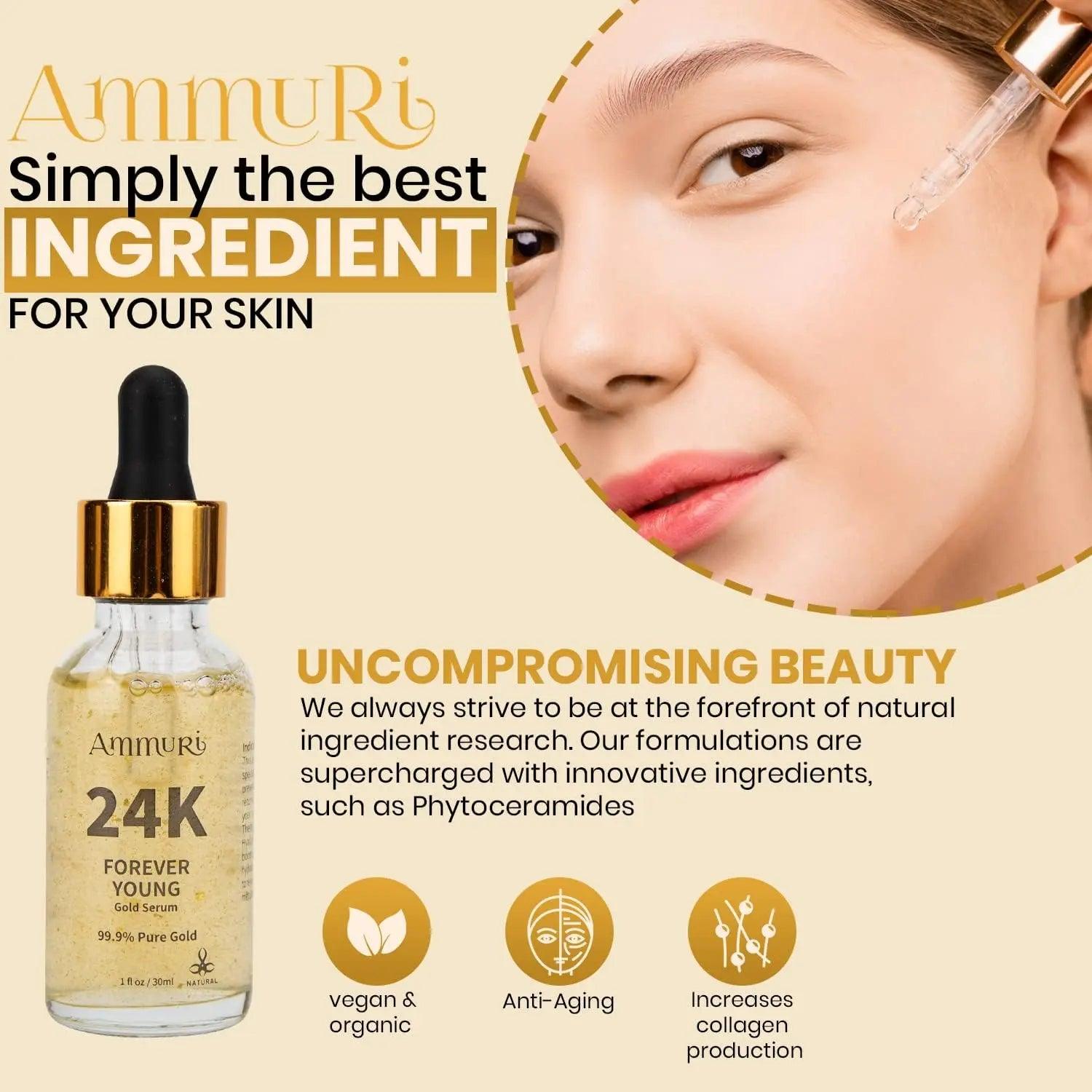 Ammuri 24K Gold Face Serum - Anti-Ageing Collagen Booster Dark Circle Treatment