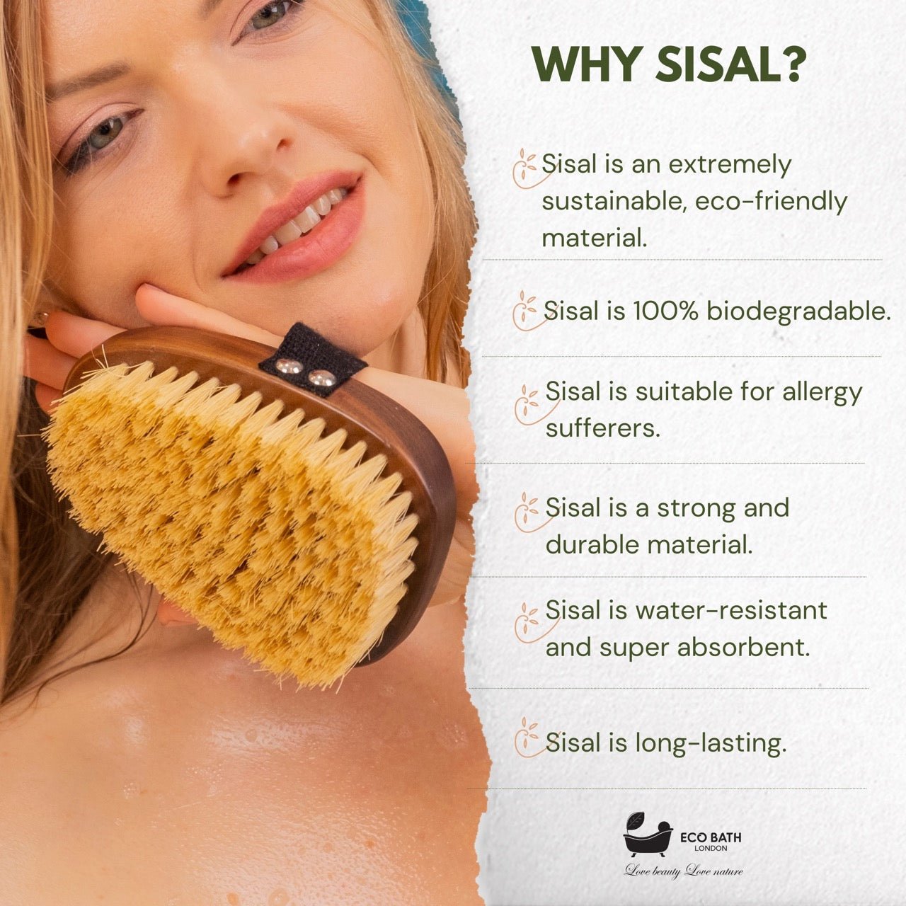 Eco Bath London Natural Sisal Walnut Hand Brush - Luxury Hand Brush for Dry Brushing