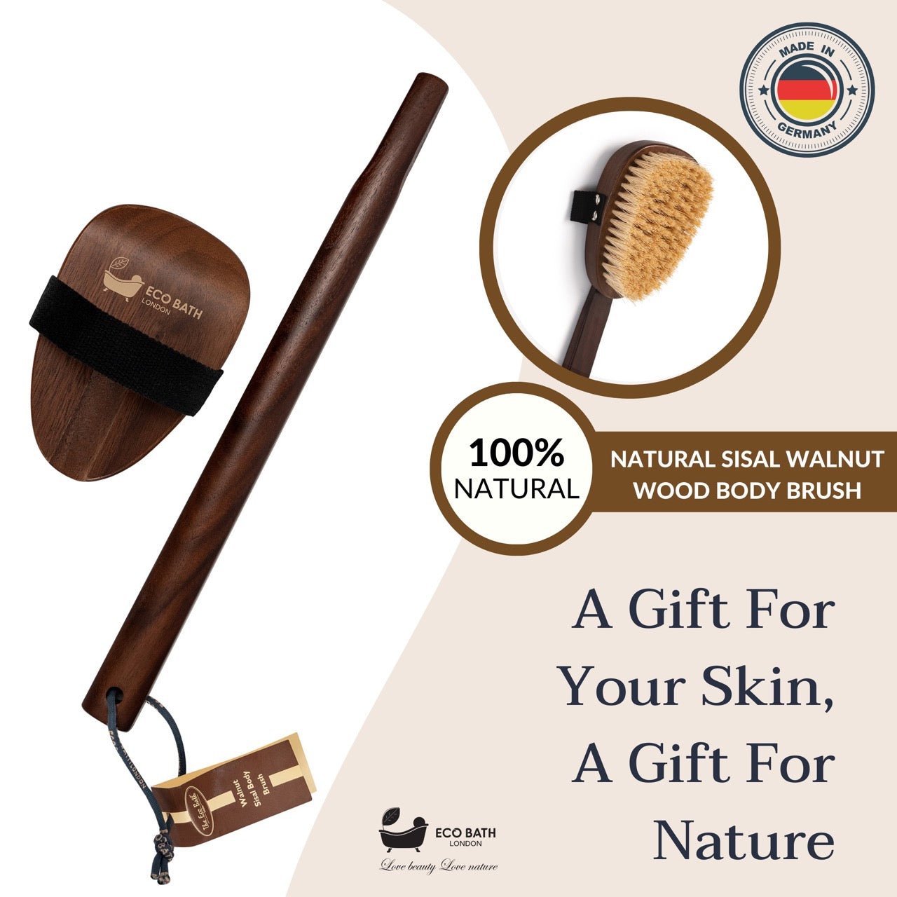 Eco Bath London Natural Sisal Walnut Wood Body Brush - Luxurious Dry Brushing Body Brush