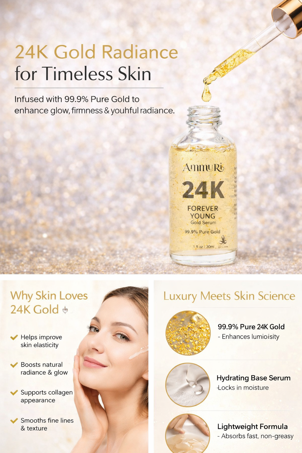 Ammuri 24K Gold Face Serum - Anti-Ageing Collagen Booster Dark Circle Treatment